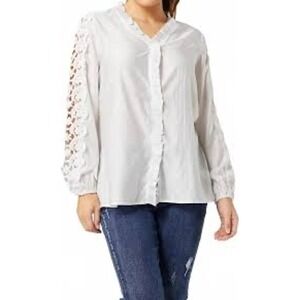 Coco & Carmen White Lace Sleeve V Neck Button Front Women's Viscose Tencel Top
